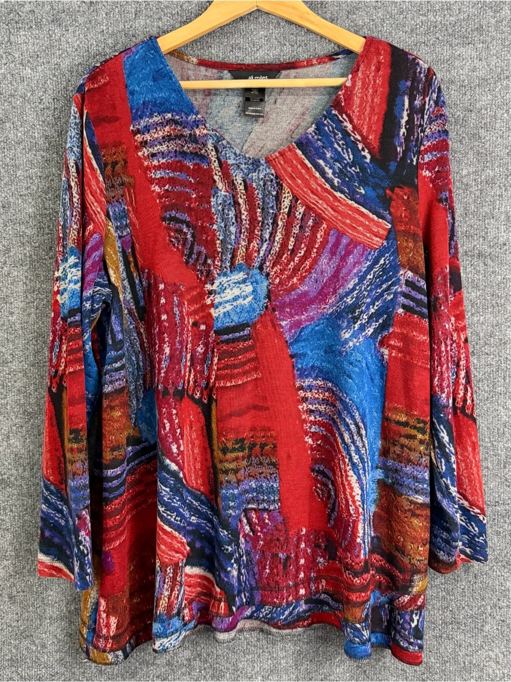 Ali Miles Womens Long Sleeve Artsy Tunic Top Size XL Red Blue Office Casual